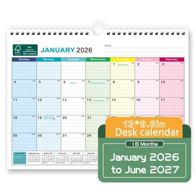 Jan. 2026 - June. 2027 English Calendar Thick Paper with Hook Wall Calendar Daily Study Holidays Marked Hanging Calendar Home
