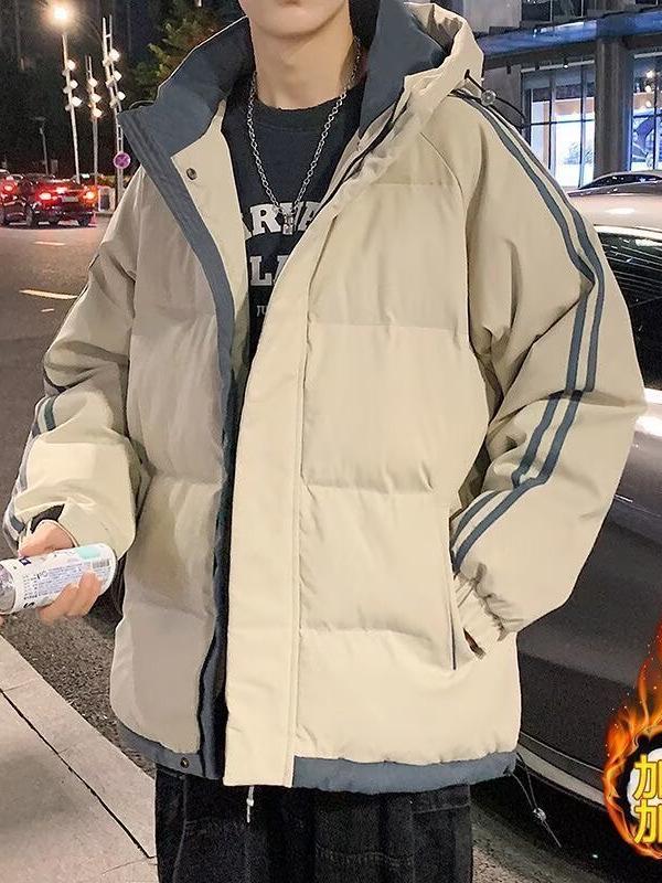 Men's Hooded Cotton-Padded Jacket – Thick, Solid Color, Loose Fit for Autumn and Winter