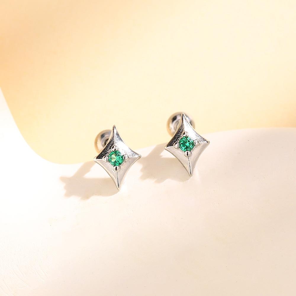 Cercei cu mărgele cu șuruburi de stea cvadruple cu diamant verde, design rafinat și simplu, cercei cu zirconiu Sense Star, mărgele spiralate, cuie pentru urechi