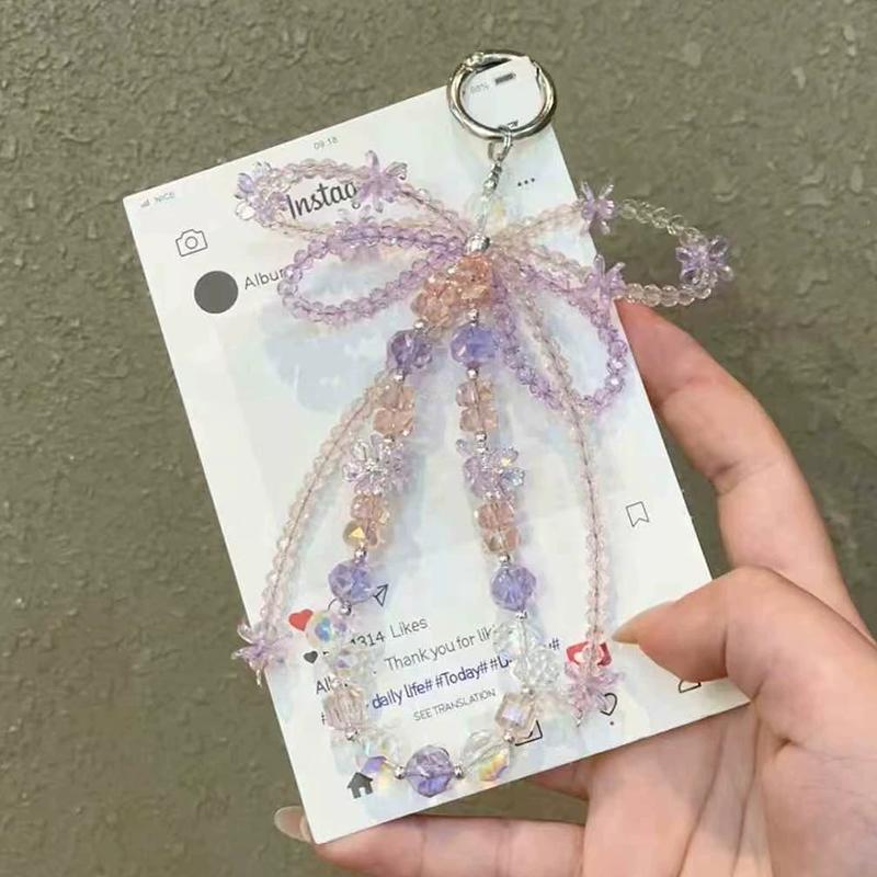 Korean Crystal Bow Irregular Bead Key Chains for Women Purple Tassel Simple Shiny Metal Buckle Bag Mobile Pendant Accessories
