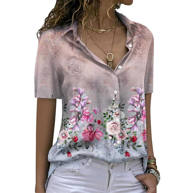 Elegant Printed Short Sleeve Single Breasted Plus Size Blouse Women Fashion Slim Fit Loose Women's Casual Shirts Vintage Floral Simple Lady Tops 26618