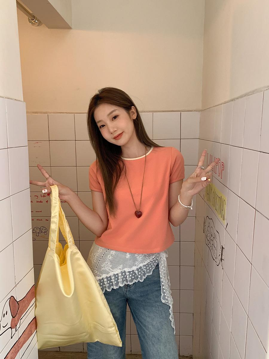 

Korean new pure desire dirty orange front shoulder short-sleeved T-shirt women s summer simple and unique chic slim-fitting inner top S