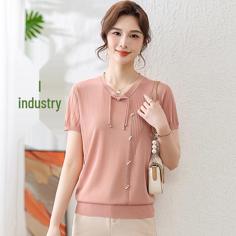 

2026 Stylish Ice Silk Knit T-shirt: Summer Short-Sleeved Top for Middle-Aged & Elderly Women 3XL (approx. 120-135 jin)