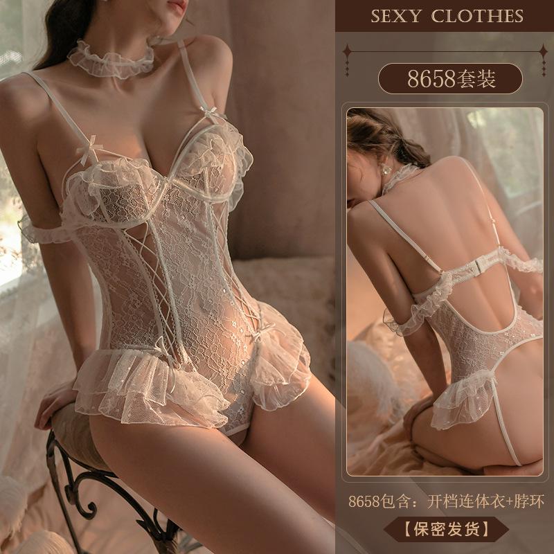 Sexy Lingerie Sexy Lace Seduction Open Onesie Women's Lace-up Perspective Pajamas Free Uniform