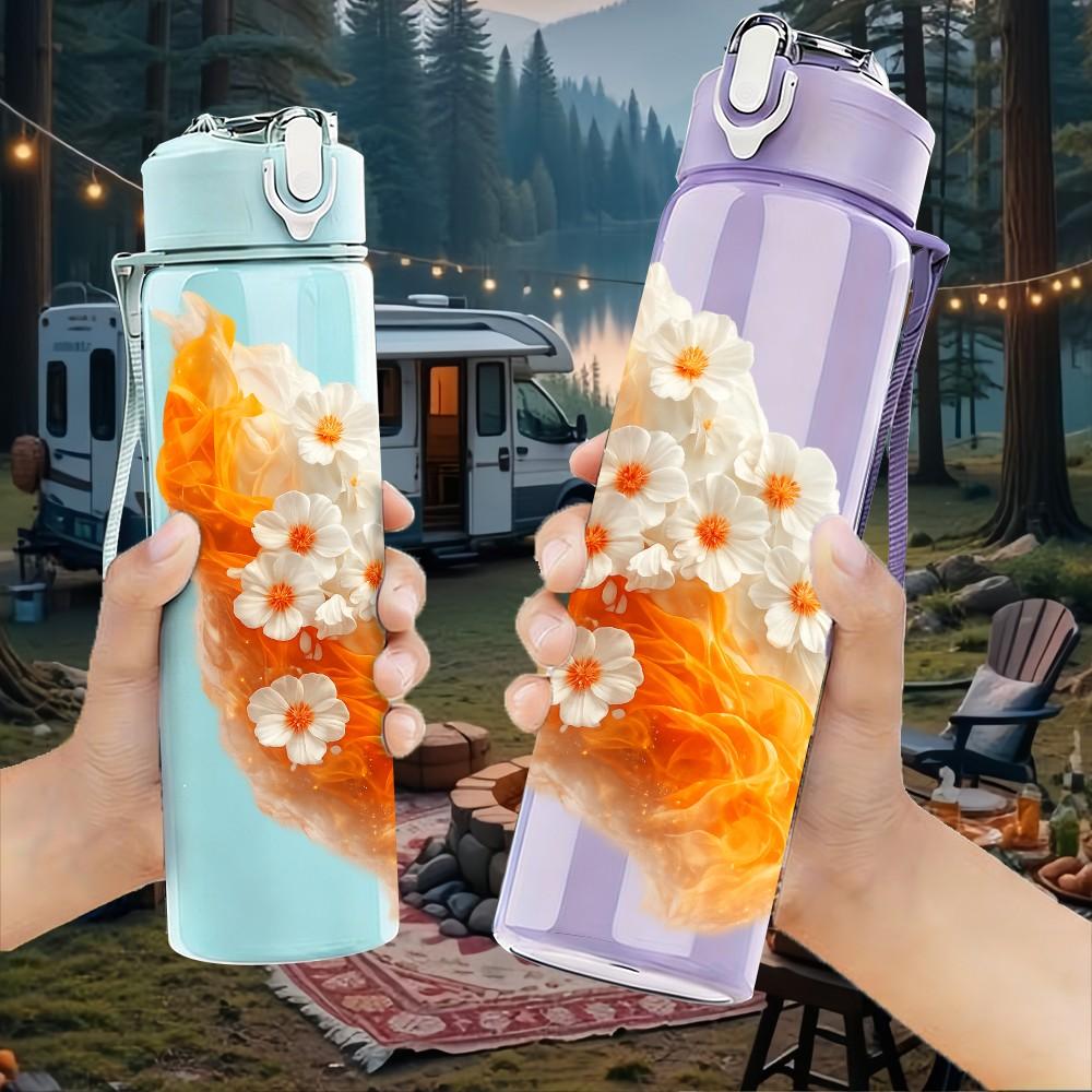 1PC Orange Tulip Flower Watercolor Print 750ml Color Plastic Sports Water Bottle Leakproof Flip Straw Lid Suitable for Sports Office Home Use