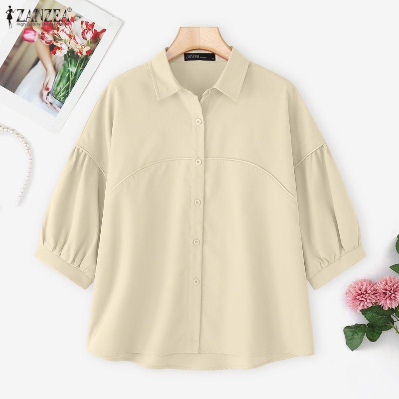 ZANZEA Women Turn Down Collar Casual 3/4 Sleeve Loose Blouse