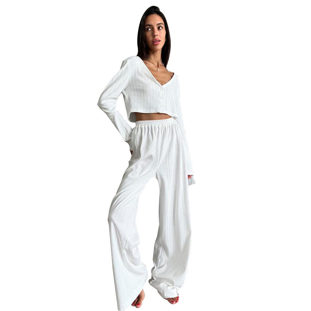 European & American 2025 Autumn Jacquard Knit Cardigan Pajama Set - Soft Hollow Cross-Stitch Homewear for Women