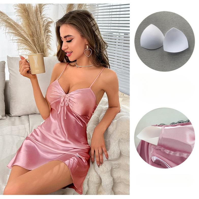 Women's Summer Ice Silk Sleepwear Sexy Backless Nightdress Padded Cami Sleep Dress Short Solid Loungewear