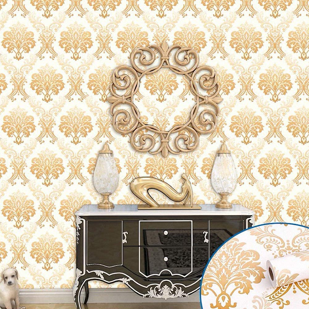 Luxury Gold Damask Peel and Stick Wallpaper Removable Printed Stick Wall Paper Decorative Self Adhesive Shelf Drawer Liner Roll