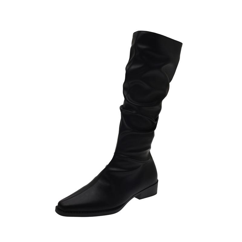 Pile boots women's boots 2025 new spring and autumn retro but knee thin solid color thick heel knight boots