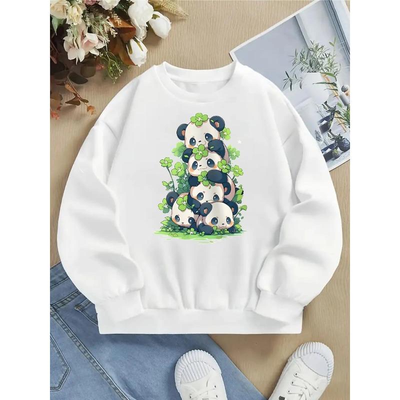 European sizes Cute Panda Clover Stack Girls' Fashionable Crewneck Sweatshirt, Western Style Top, Children's Long Sleeved Casual T-Shirt