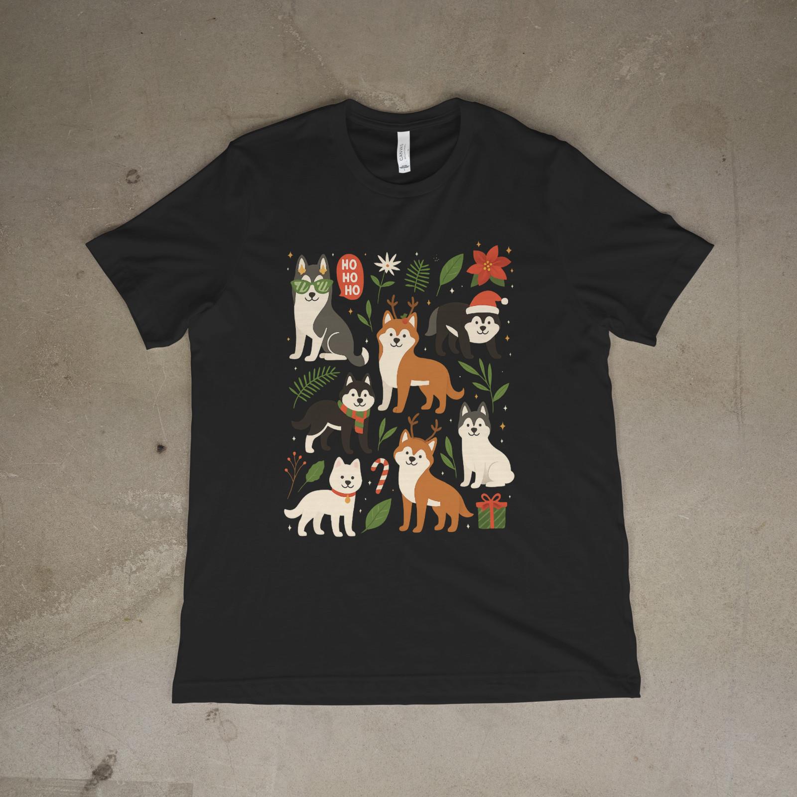 Christmas Huskies T-Shirt Cute Husky Dogs Holiday Graphic Unisex Tee S