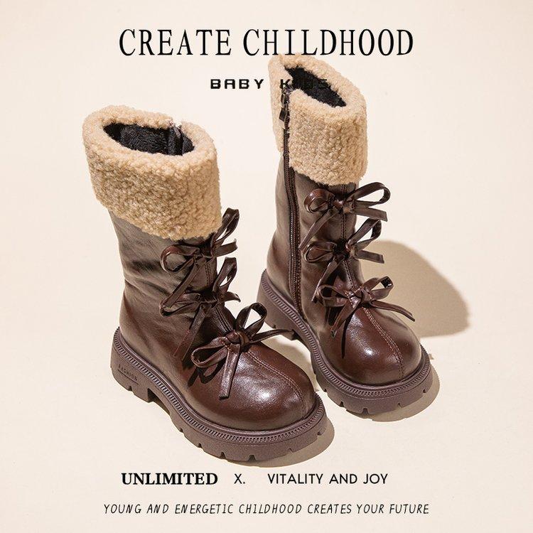 

Обувь для девочек детские сапоги 2025 осень и зима новые высокие принцесса кожаные сапоги бархатные в иностранном стиле снежные хлопковые туфли 37 yards inner length 22.8cm светло-коричневого