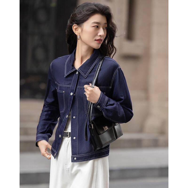 Demana Women's Denim-Style Rivet Pocket Lapel Jacket