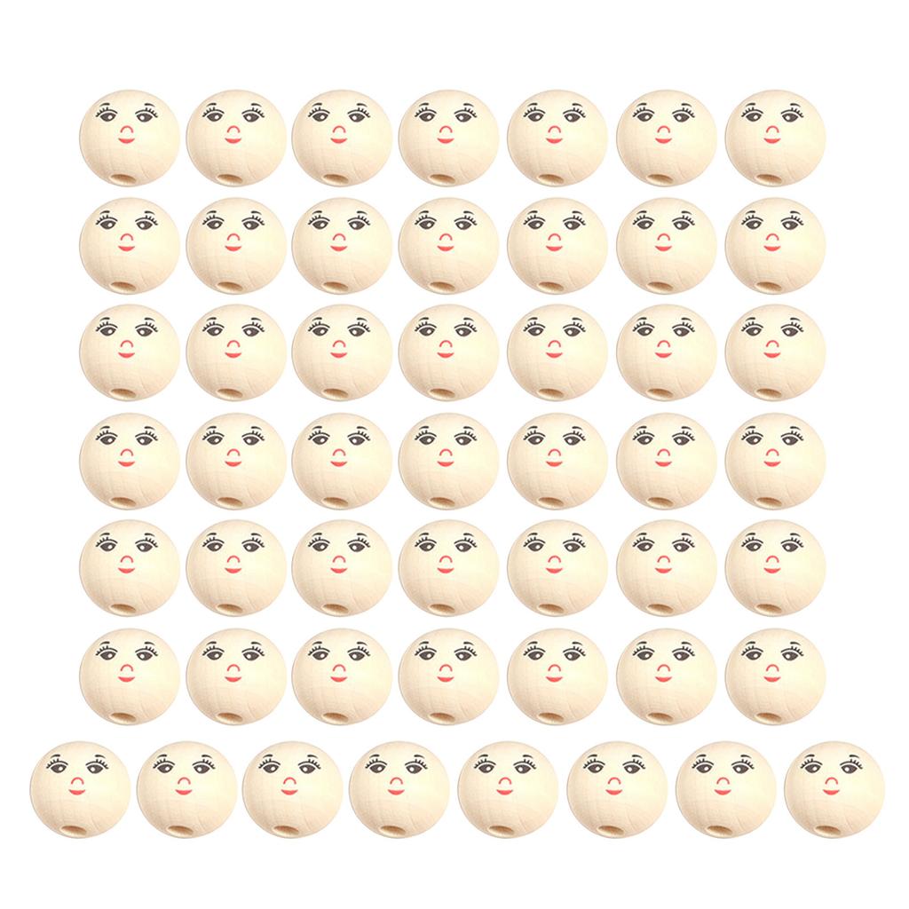 50Pcs Doll Head Wood Beads Face Jewelry DIY Children Beading Smile Beads Loose Round Wooden Craft Beads for Kindergarten
