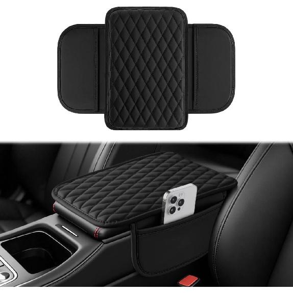 Amiss Car Center Console cover,Upgraded Leather Car Armrest pad,Belt 2 A Storage pocket,Universal Waterproof pad,Anti-slip Car Interior