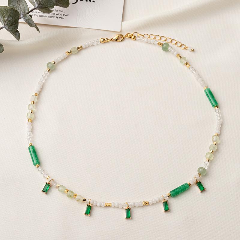 GEMCHIC Women s Vintage French Style Green Beaded Necklace with Gold Plated Brass and Geometric Emerald Cut Stones золотой