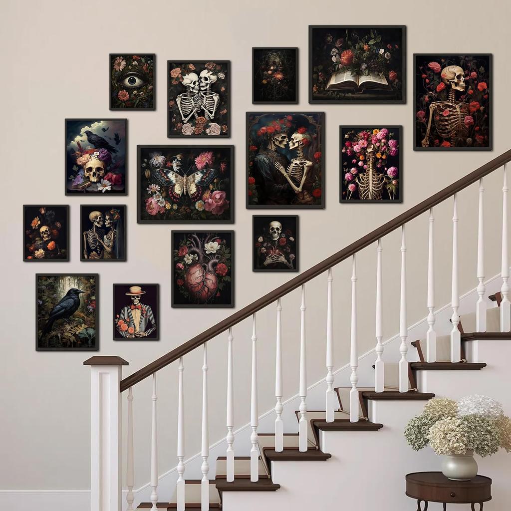 TRAMIN Romantic Gothic Wall Art, Goth Wall Art Prints, Dark Raven Skull Poster, Floral Gothic Decor For Bedroom, Moody Halloween Decor Aesthetic