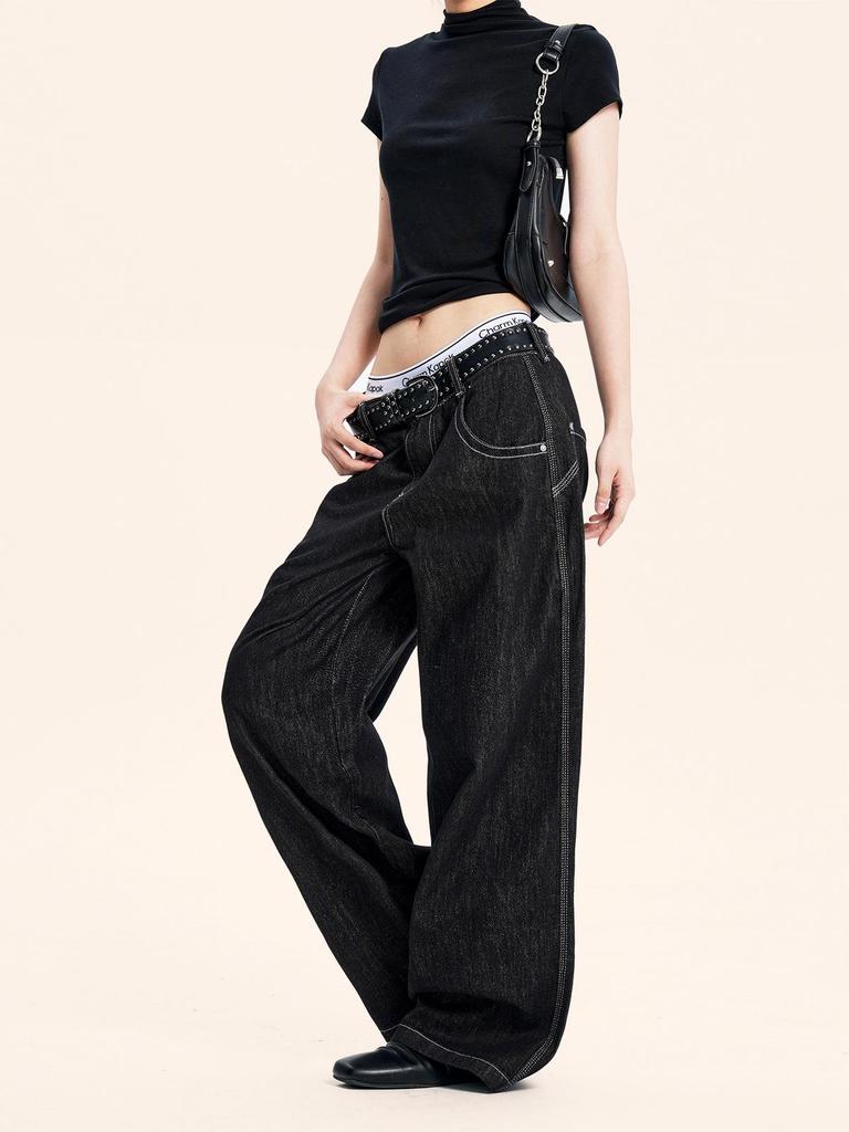 Yongfang Unisex Retro Black Wide-Leg Jeans: Casual, Loose, Washed Straight-Leg Pants.