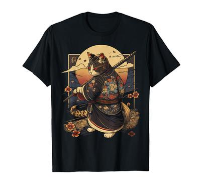 Japanische Kunstkatze Ninja Anime Stil Samurai Katze Ukiyo-e T-Shirt