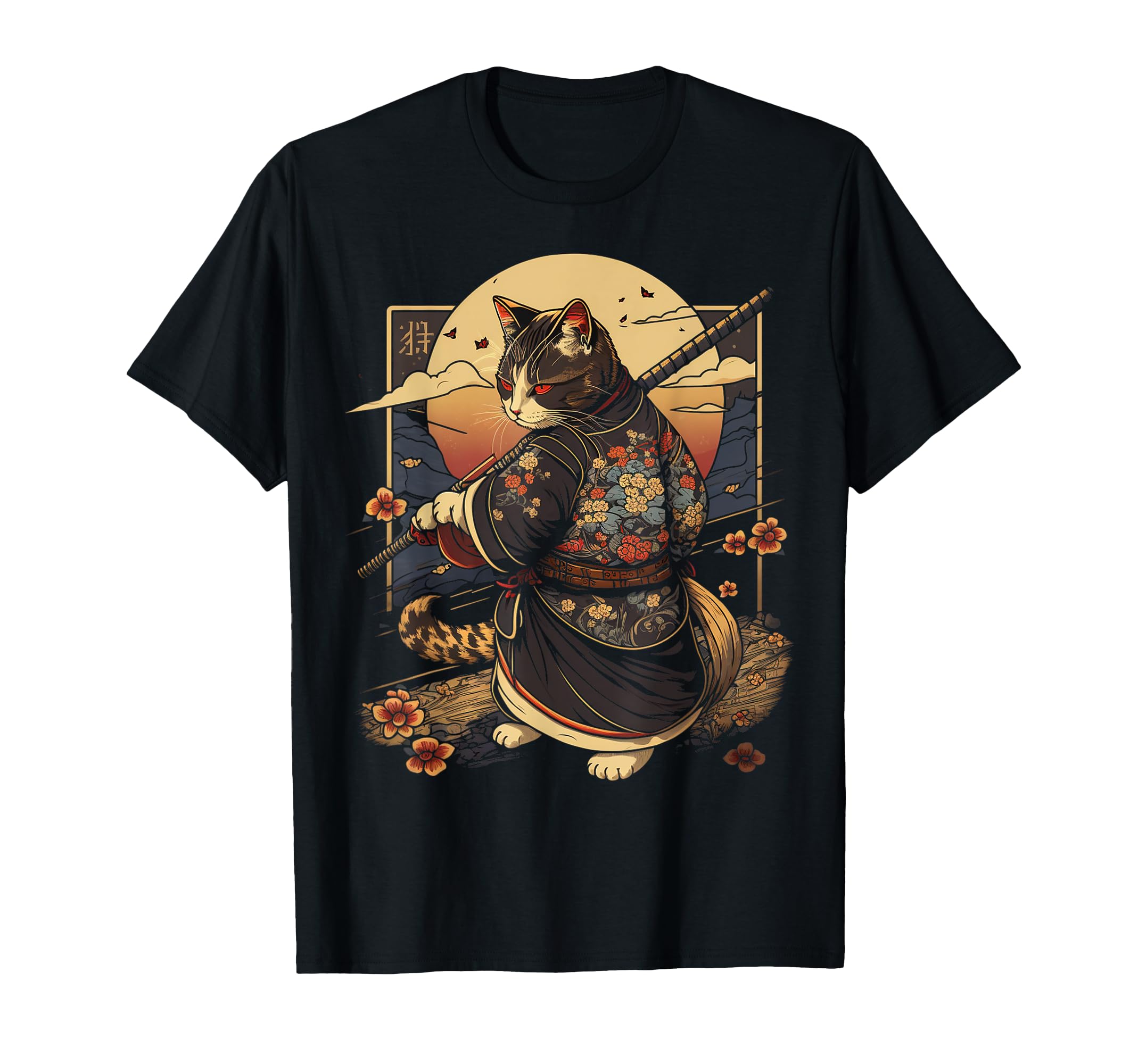 

Japanese Art Cat Ninja Anime Style Samurai Cat Ukiyo-e T-Shirt чёрный