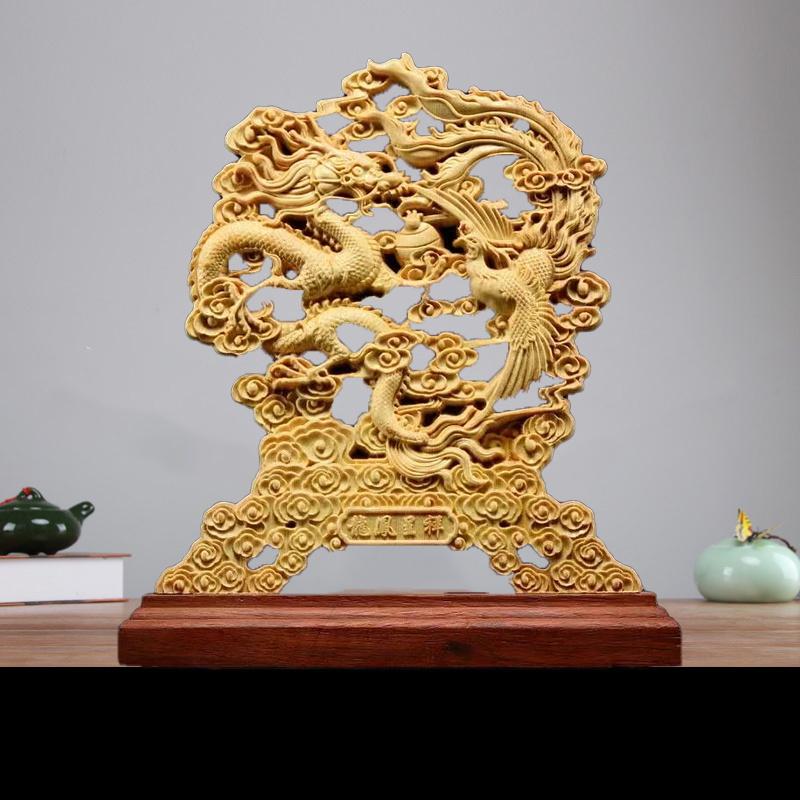 Wood Carving  Dragon, Phoenix Decorative Statue Chinese Mascot Mythical Beast Home and Office Decoration Ornaments