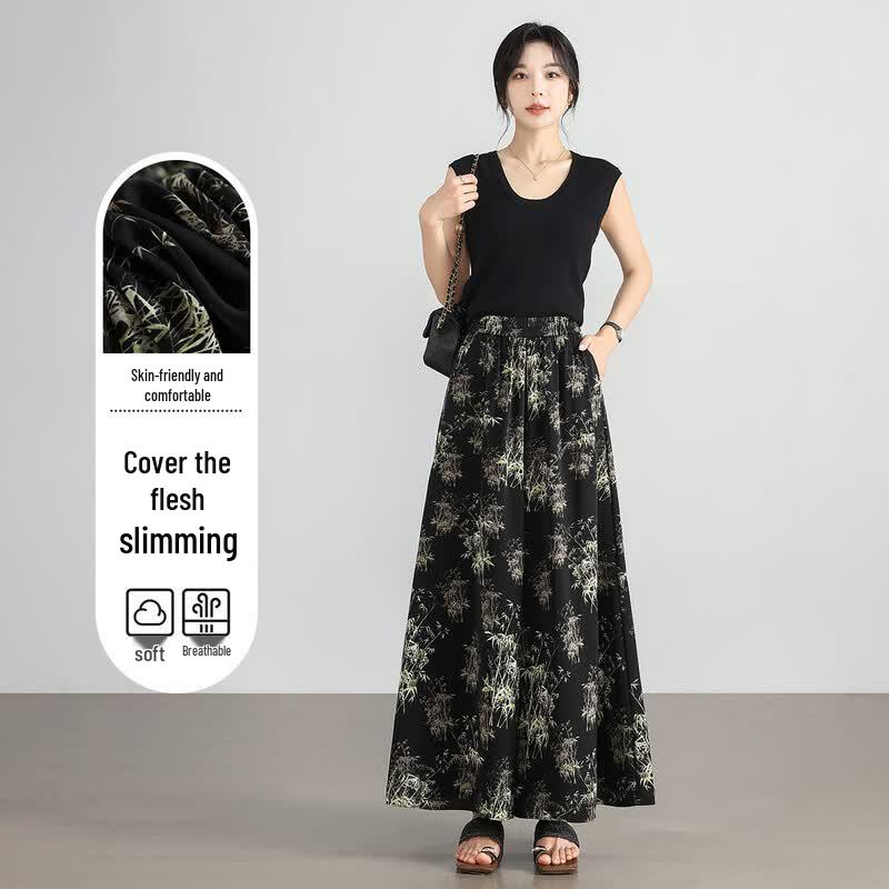 New Chinese Style Bamboo Print Loose Culottes