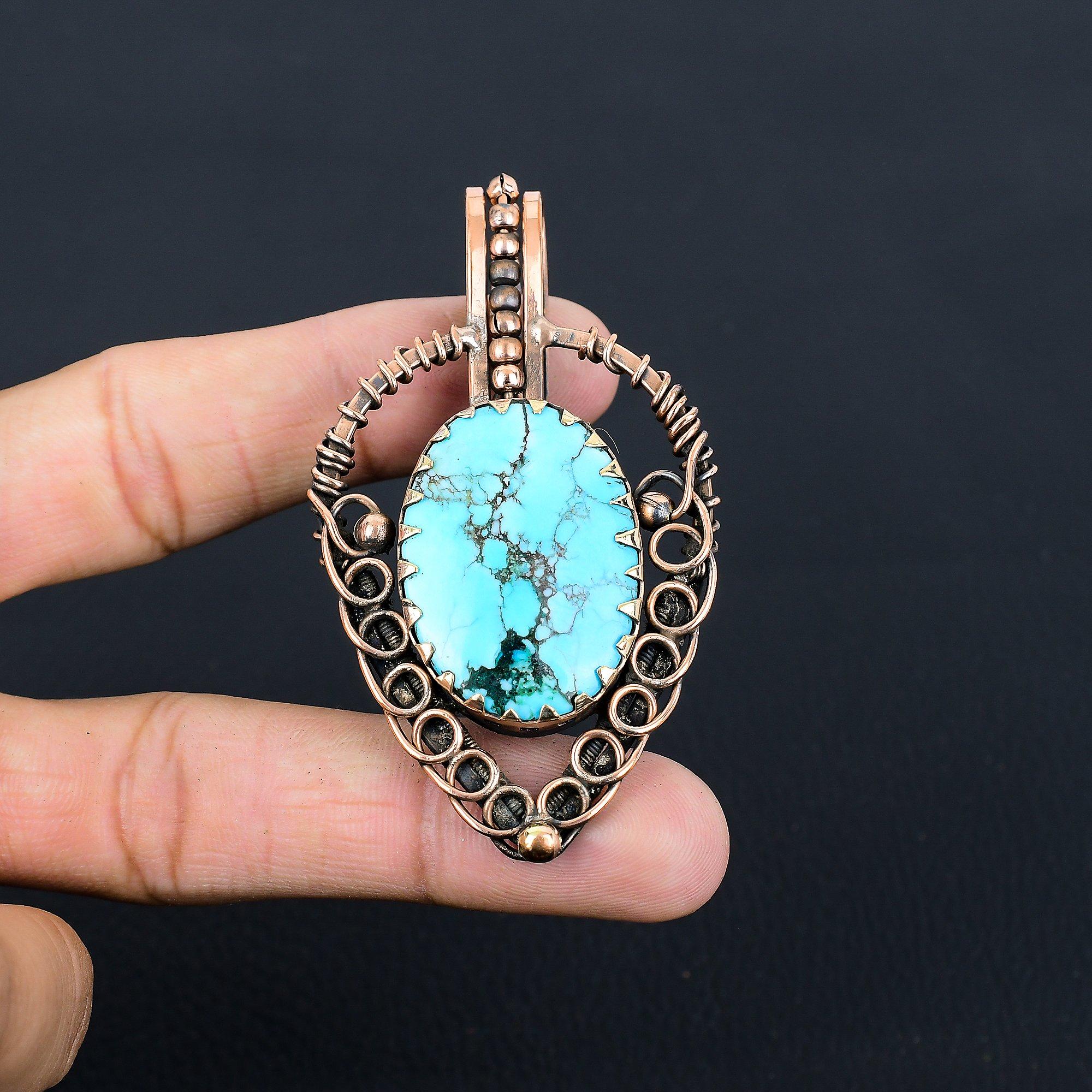 

Красивый бирюзовый драгоценный камень ручной работы из чистой медной проволоки, обернутый кулоном, ювелирные изделия 2.95 Inches синий