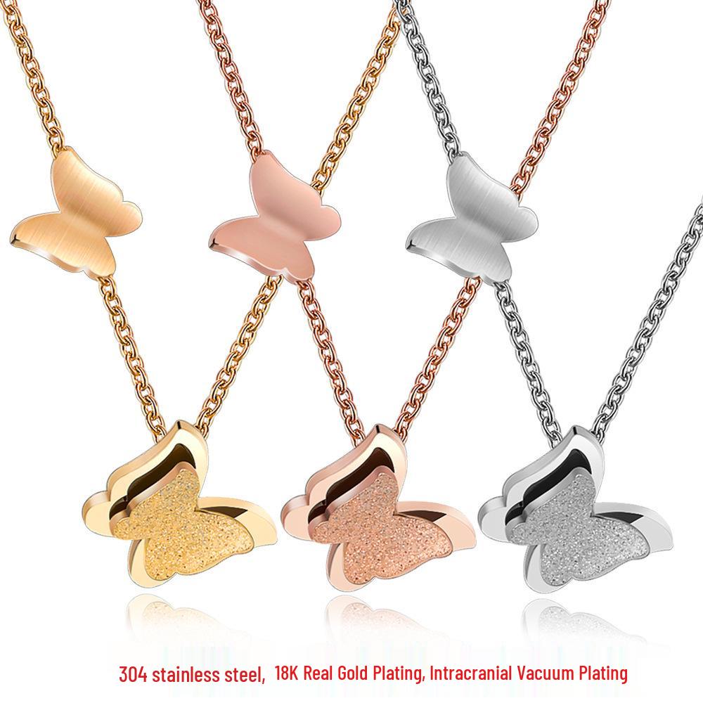 Stainless Steel Double Layer Frosted Butterfly Necklace