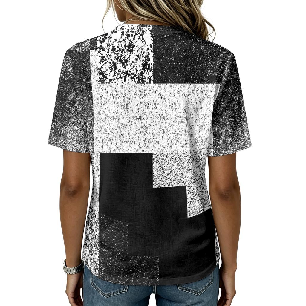 Camicia da Donna a Maniche Corte in Cotone e Lino Henley con Bottoni Collo Casual Vestibilità Larga Blusa Stampata Comoda Leggera Top Estivo