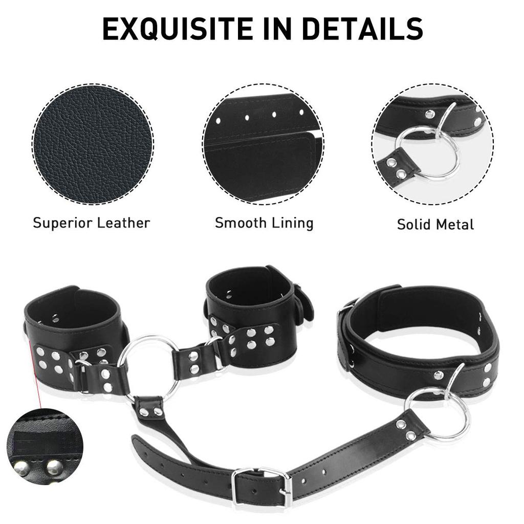Leather Bondage Restraints Neck to Wrist Handcuffs Kit Nipple Clamps Gag Adjustable Restraint Straps Sex SM Toys For Couple