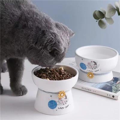 Pet Ceramic Basin Cat Basin Cat Bowl High Feet Cute Cat Food Bowl Puppy Bowl with Placemat Anti-tip Drinking Bowl