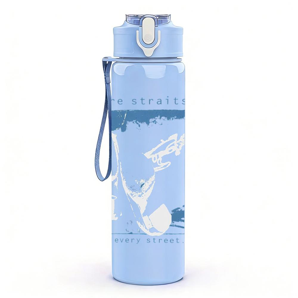 1PC Light blue rectangular band album print 750ml colorful plastic sports water bottle leakproof pop up lid with straw for outdoor work home use