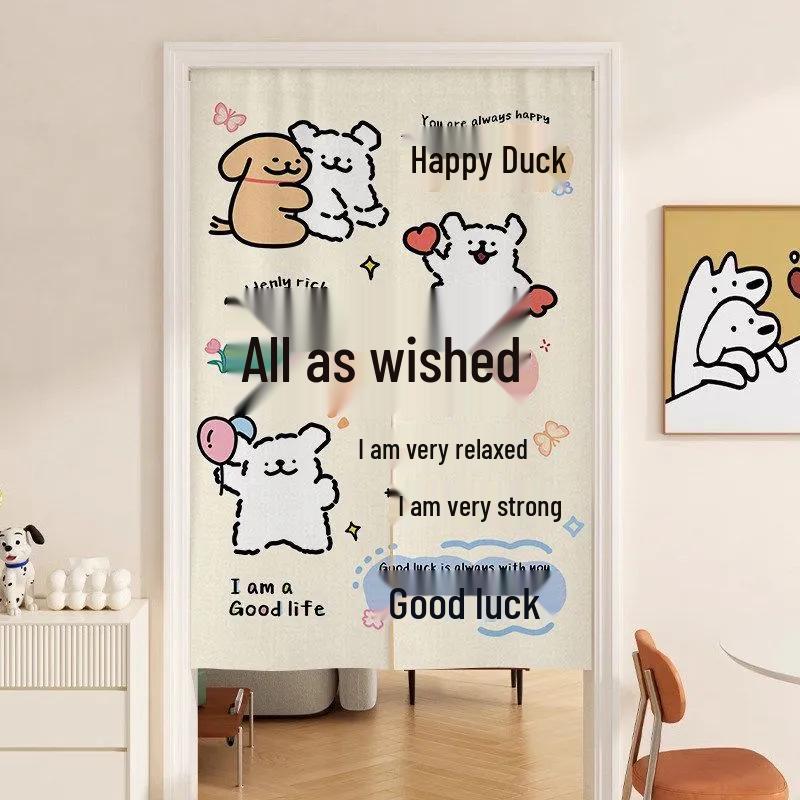 Cartoon Puppy Line Art Door Curtain: Privacy with Light-Permeable, No-Drill Hanging Design