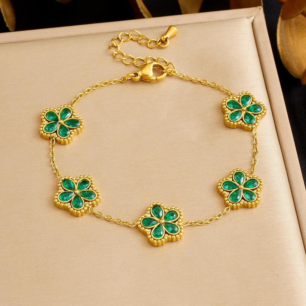 Gold-Plated Rhinestone Glass Flower Jewelry Set with Color Accents