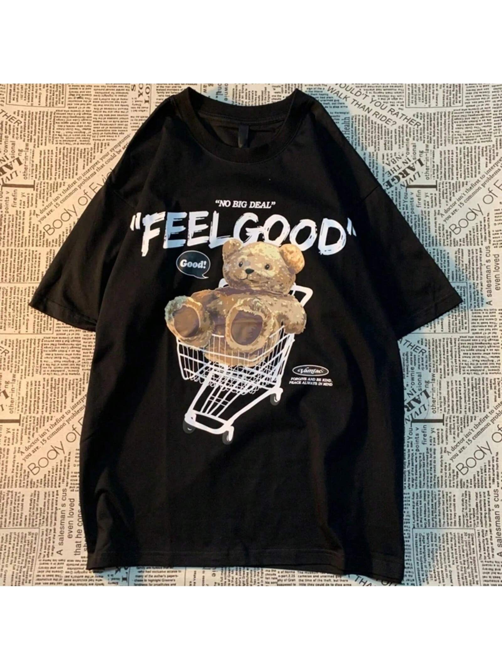 Original American Retro Teddy Bear Print Short Sleeved T-Shirt For unisex Wounisex Couple Fashion Label Harajuku Pure Cotton Tee 70347 S