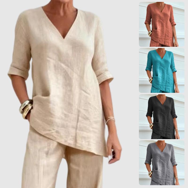 Completi da Donna in Lino a 2 Pezzi Manica 3/4 Scollo a V Pantaloni a Gamba Larga Abiti da Spiaggia Viaggio