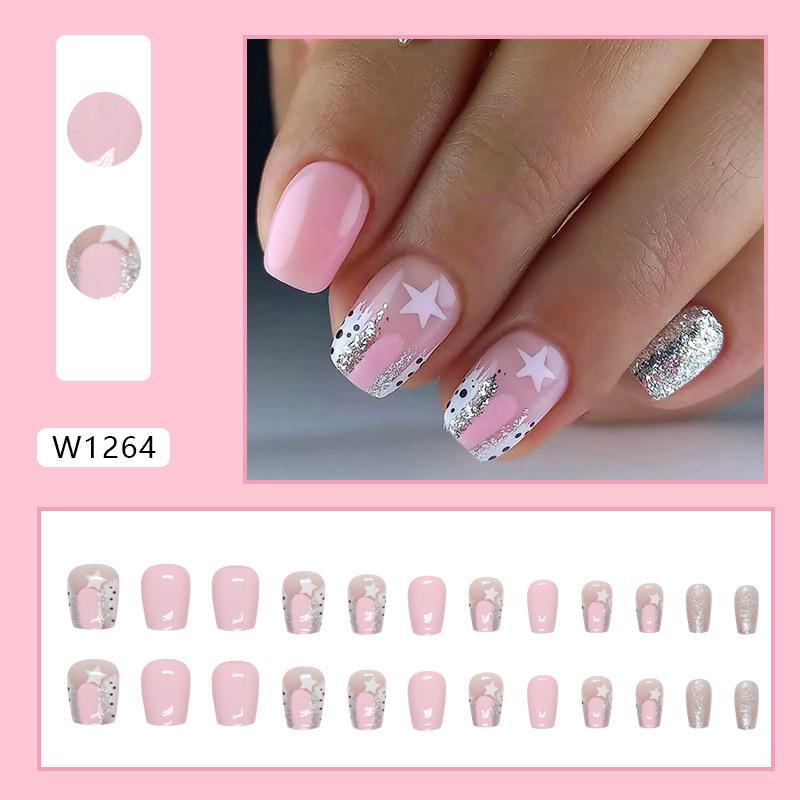 

Cute little short T-shaped ballet nail pink white star glitter powder sweet girl solid color fake nail nails24 pieces