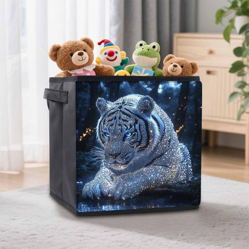 Ein Weißer Tiger trinkt Wasser 5D Diamantmalerei Aufbewahrungskorb Vollrunde Bohrmosaik Diamantstickerei Kreuzstich-Sets Heimdekor Heimdekor