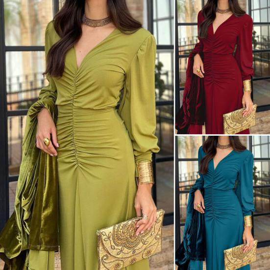 Women's Ruched Bodycon Evening Dress Casual Long Sleeve V Neck Prom Dress Cocktail Party Formal Maxi Mermaid Dress