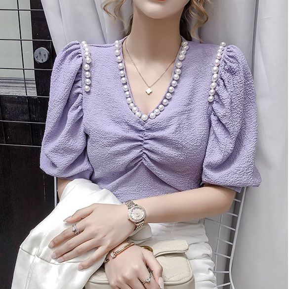 Women's V-neck Beaded Embossed Chiffon Shirt Summer Fashion Versatile Loose and Slim Bubble Short Sleeve Tops