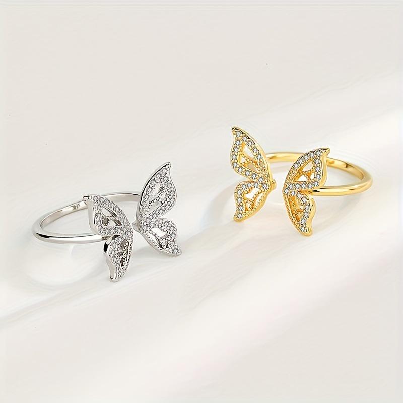 Stylish Copper Butterfly Ring with Rhinestone Zirconia Inlay