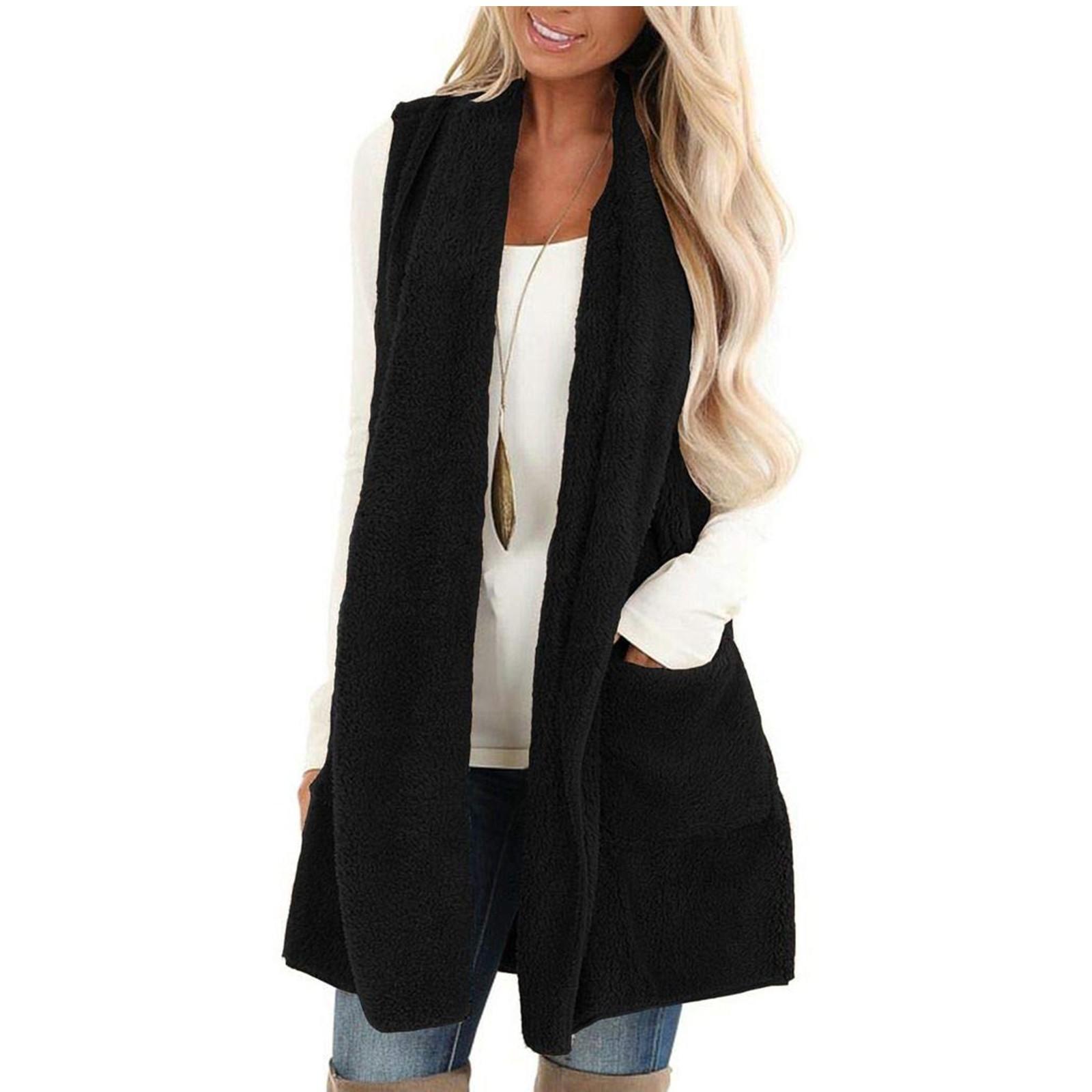 

Женское модное однотонное повседневное пальто из плюшевого жилета с карманами XXL чёрный