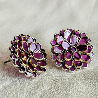 Women Gold Finish Enamel Stud Earrings In Sterling Silver