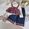 Girls' Retro Plaid Camisole Three-Piece Set - Spring/Autumn AQB027