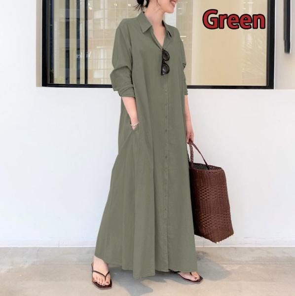 

Женское длинное платье-рубашка больших размеров на пуговицах с v-образным вырезом и длинными рукавами из хлопка с карманами XXXL зелёный