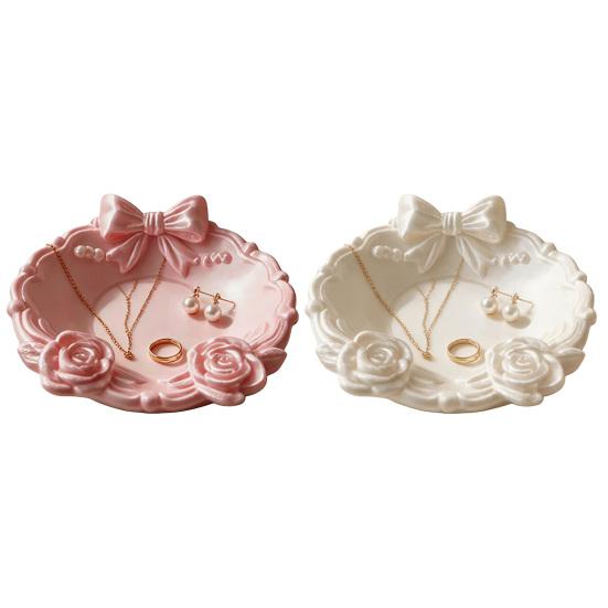 3D Printed Jewelry Tray Small Round Ring Holder Dish with Bow for Women Girls Floral Trinket Bowl Jewelry Organizer for Vanity Dresser Decor