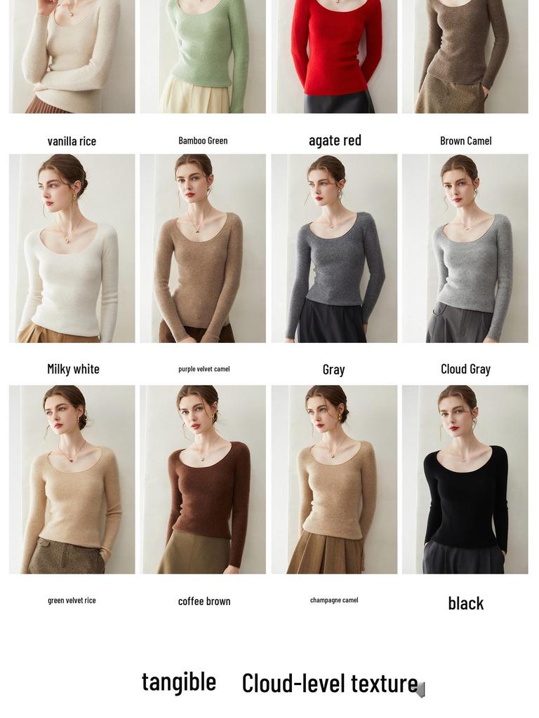Women's Pure Cashmere U-Neck Slimming Pullover Sweater, Warm Long-Sleeved Knitted Base Layer