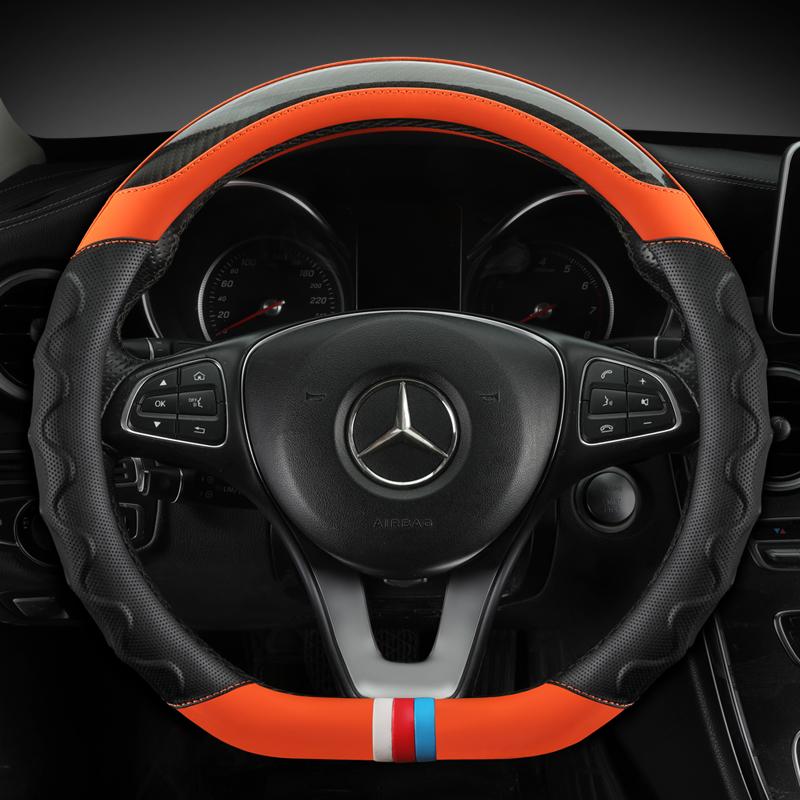Skórzana osłona na kierownicę do samochodu z włókna węglowego do modeli Mercedes Ben AMG 38cm A C CLA E GLA GLC GLE S B CLS klasa