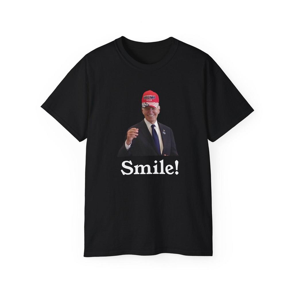 Happy Just Smile Joe Biden President Wearing Maga Donald Trump Political Humor Meme Unisex Cotton T Shirt